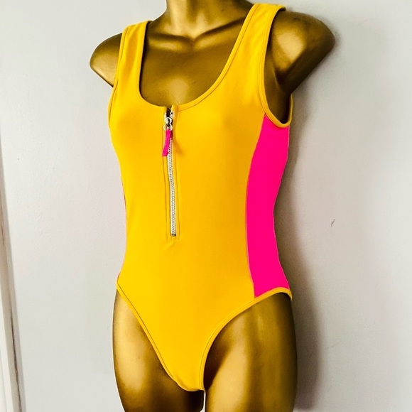 Lovers + Friends One Piece Swimsuit XS | Sporty Colorblock Zip Front Yellow Pink - Picture 3 of 6